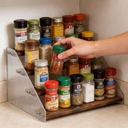 Tiered Spice Rack Organizer for Countertop & Cabinet, 3-Tier 12in Kitchen Seasoning Storage Shelf, Space Saving Standing Spice Organizer, Wooden & Acrylic, Rustic Brown