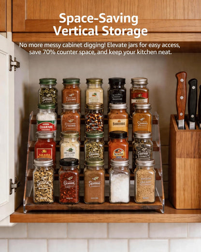 Tiered Spice Rack Organizer for Countertop & Cabinet, 3-Tier 12in Kitchen Seasoning Storage Shelf, Space Saving Standing Spice Organizer, Wooden & Acrylic, Rustic Brown