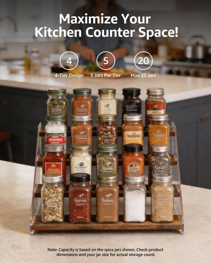 Tiered Spice Rack Organizer for Countertop & Cabinet, 3-Tier 12in Kitchen Seasoning Storage Shelf, Space Saving Standing Spice Organizer, Wooden & Acrylic, Rustic Brown