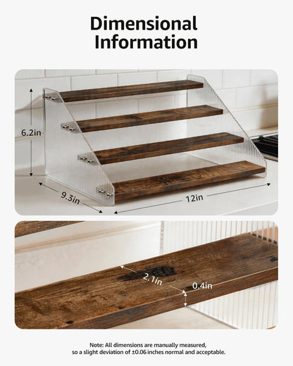 Tiered Spice Rack Organizer for Countertop & Cabinet, 3-Tier 12in Kitchen Seasoning Storage Shelf, Space Saving Standing Spice Organizer, Wooden & Acrylic, Rustic Brown