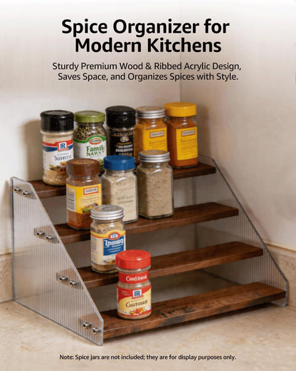 Tiered Spice Rack Organizer for Countertop & Cabinet, 3-Tier 12in Kitchen Seasoning Storage Shelf, Space Saving Standing Spice Organizer, Wooden & Acrylic, Rustic Brown