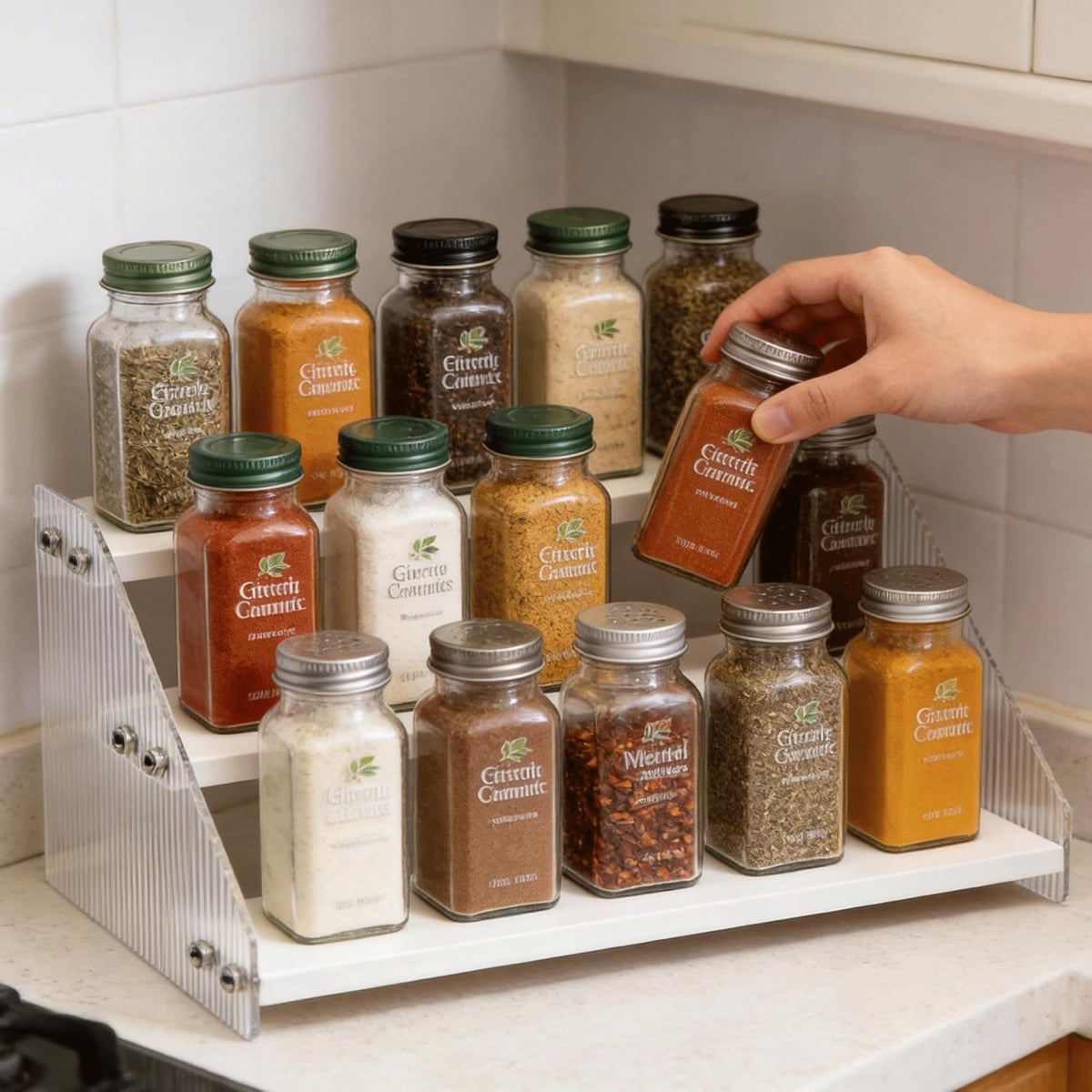 Tiered Spice Rack Organizer for Countertop & Cabinet, 3-Tier 12in Kitchen Seasoning Storage Shelf, Space Saving Standing Spice Organizer, Wooden & Acrylic, Rustic Brown