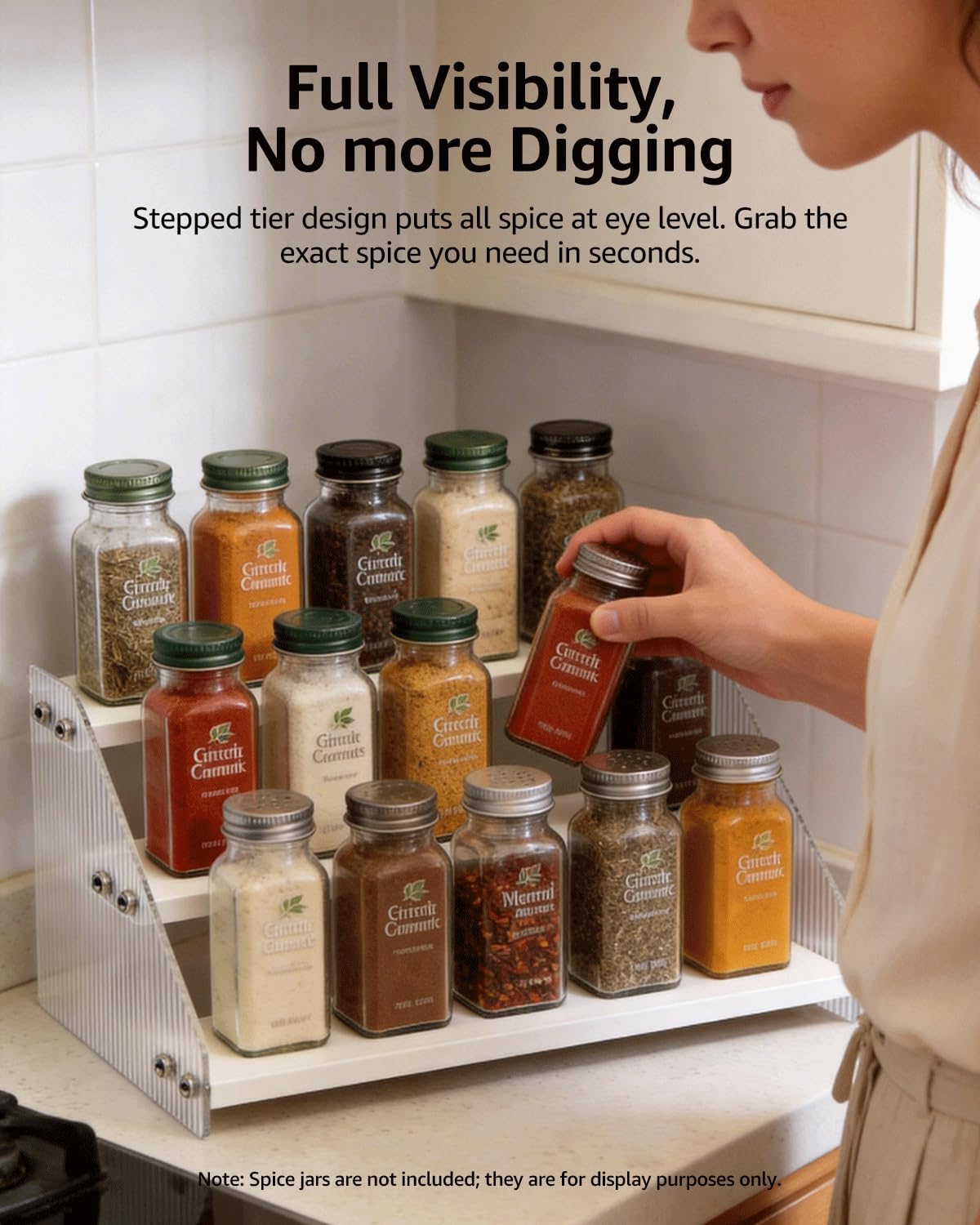 Tiered Spice Rack Organizer for Countertop & Cabinet, 3-Tier 12in Kitchen Seasoning Storage Shelf, Space Saving Standing Spice Organizer, Wooden & Acrylic, Rustic Brown