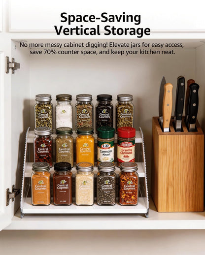 Tiered Spice Rack Organizer for Countertop & Cabinet, 3-Tier 12in Kitchen Seasoning Storage Shelf, Space Saving Standing Spice Organizer, Wooden & Acrylic, Rustic Brown