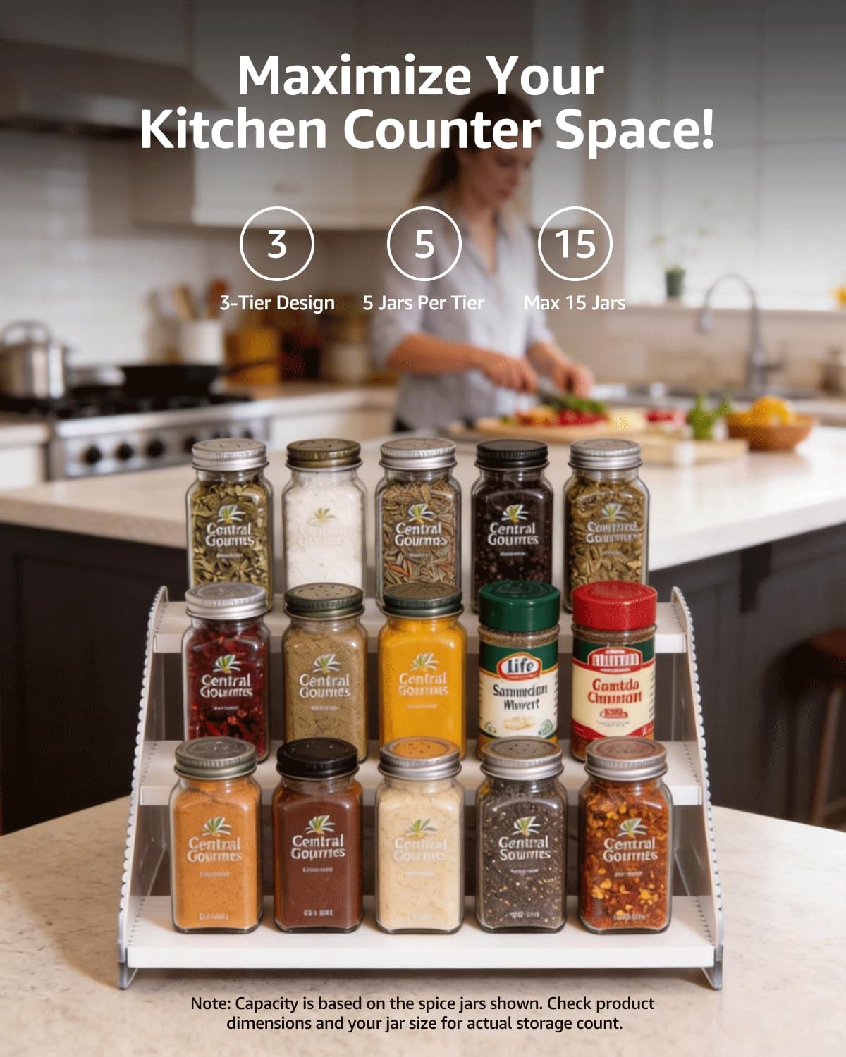 Tiered Spice Rack Organizer for Countertop & Cabinet, 3-Tier 12in Kitchen Seasoning Storage Shelf, Space Saving Standing Spice Organizer, Wooden & Acrylic, Rustic Brown