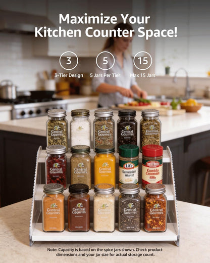 Tiered Spice Rack Organizer for Countertop & Cabinet, 3-Tier 12in Kitchen Seasoning Storage Shelf, Space Saving Standing Spice Organizer, Wooden & Acrylic, Rustic Brown