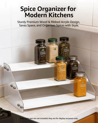 Tiered Spice Rack Organizer for Countertop & Cabinet, 3-Tier 12in Kitchen Seasoning Storage Shelf, Space Saving Standing Spice Organizer, Wooden & Acrylic, Rustic Brown