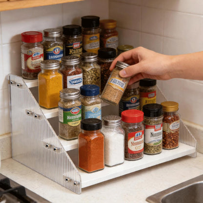 Tiered Spice Rack Organizer for Countertop & Cabinet, 3-Tier 12in Kitchen Seasoning Storage Shelf, Space Saving Standing Spice Organizer, Wooden & Acrylic, Rustic Brown