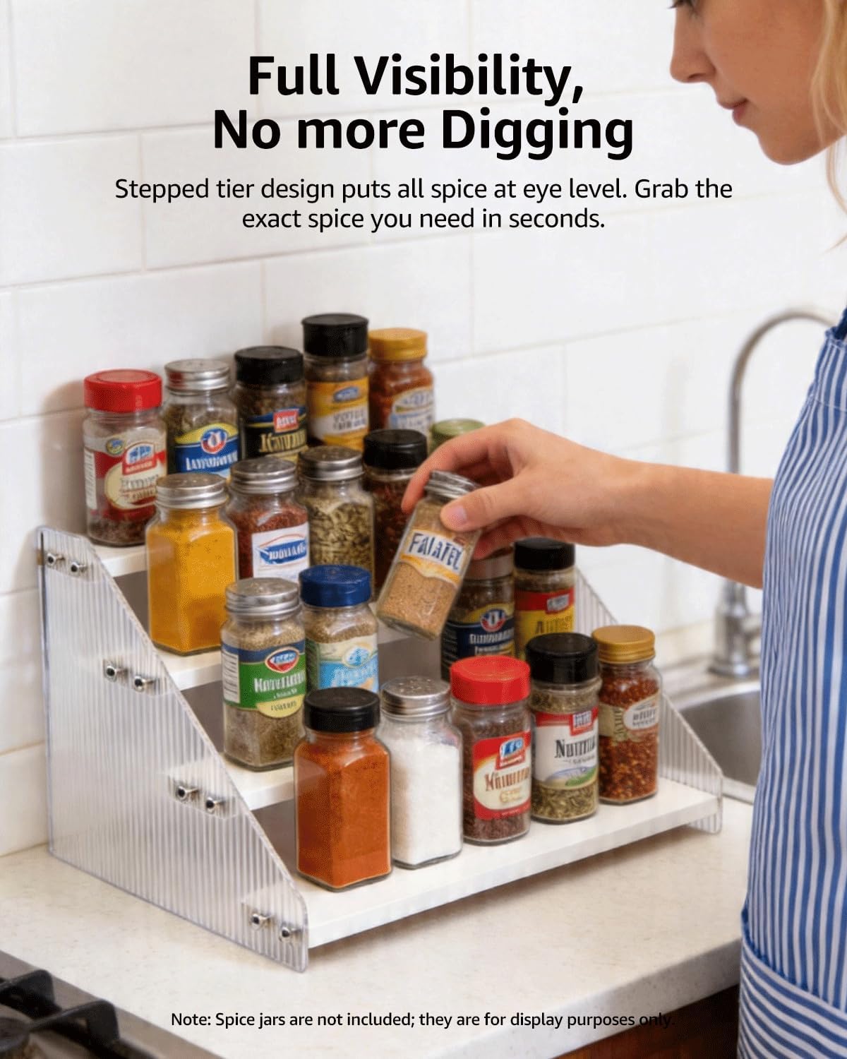 Tiered Spice Rack Organizer for Countertop & Cabinet, 3-Tier 12in Kitchen Seasoning Storage Shelf, Space Saving Standing Spice Organizer, Wooden & Acrylic, Rustic Brown