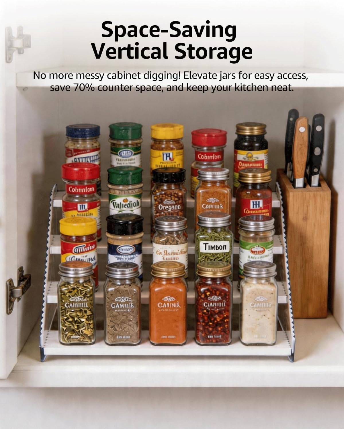 Tiered Spice Rack Organizer for Countertop & Cabinet, 3-Tier 12in Kitchen Seasoning Storage Shelf, Space Saving Standing Spice Organizer, Wooden & Acrylic, Rustic Brown