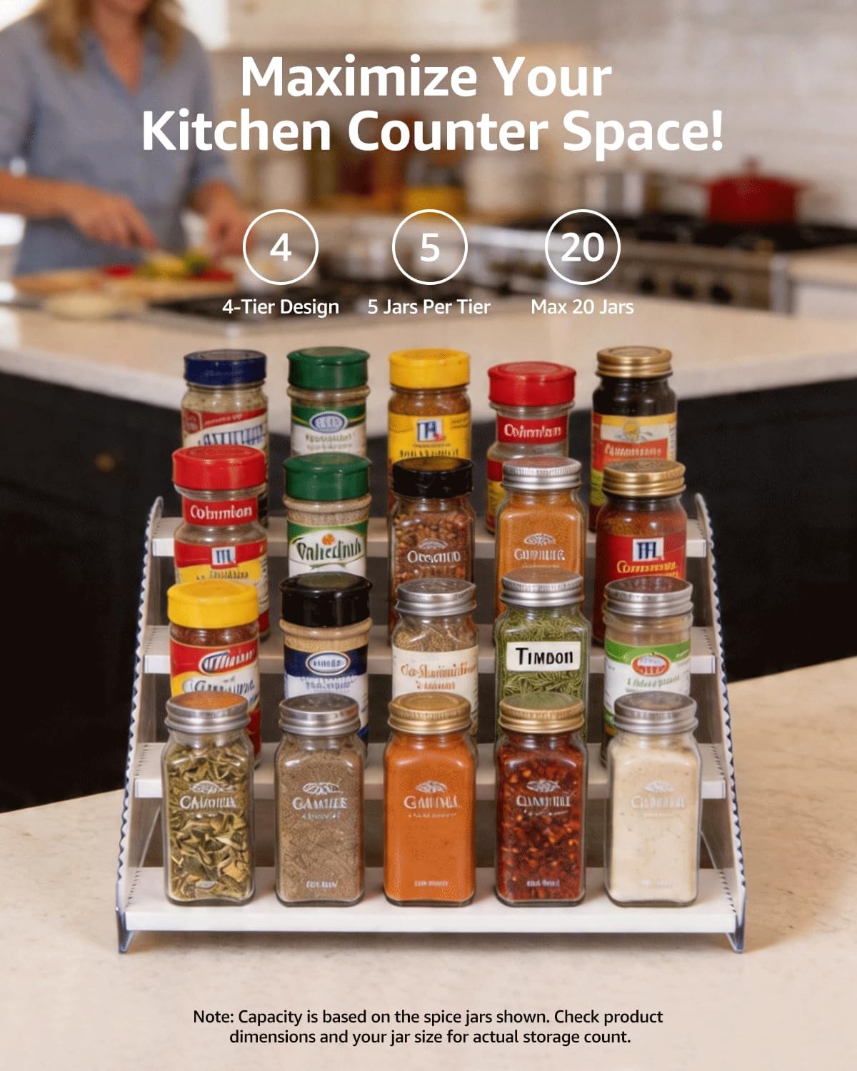 Tiered Spice Rack Organizer for Countertop & Cabinet, 3-Tier 12in Kitchen Seasoning Storage Shelf, Space Saving Standing Spice Organizer, Wooden & Acrylic, Rustic Brown