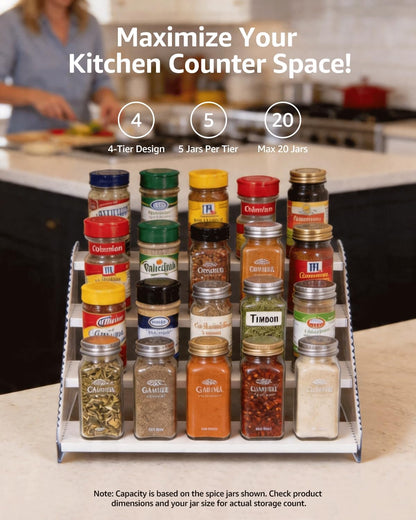 Tiered Spice Rack Organizer for Countertop & Cabinet, 3-Tier 12in Kitchen Seasoning Storage Shelf, Space Saving Standing Spice Organizer, Wooden & Acrylic, Rustic Brown