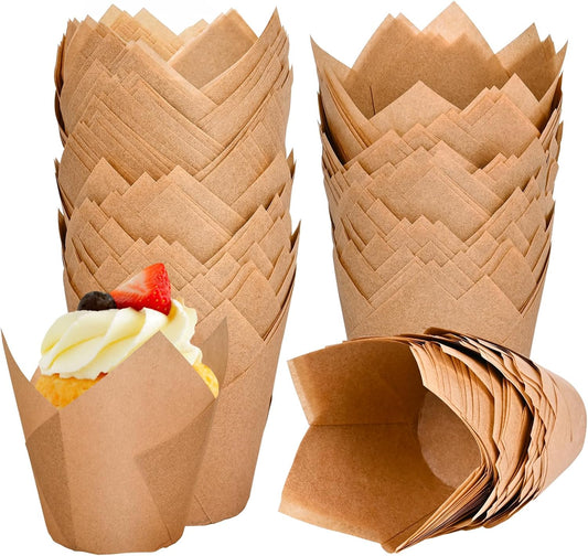 120 Counts Natural Tulip Cupcake Liners for Baking Cups, Food Grade Parchment Paper Muffin Liners Holders, Standard Tulip Cupcake Liners, Greaseproof Cup Cake Wrappers for Party, Christmas