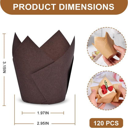 120 Counts Natural Tulip Cupcake Liners for Baking Cups, Food Grade Parchment Paper Muffin Liners Holders, Standard Tulip Cupcake Liners, Greaseproof Cup Cake Wrappers for Party, Christmas
