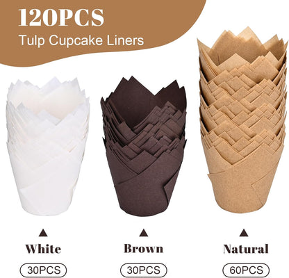 120 Counts Natural Tulip Cupcake Liners for Baking Cups, Food Grade Parchment Paper Muffin Liners Holders, Standard Tulip Cupcake Liners, Greaseproof Cup Cake Wrappers for Party, Christmas