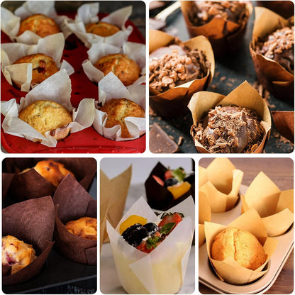 120 Counts Natural Tulip Cupcake Liners for Baking Cups, Food Grade Parchment Paper Muffin Liners Holders, Standard Tulip Cupcake Liners, Greaseproof Cup Cake Wrappers for Party, Christmas