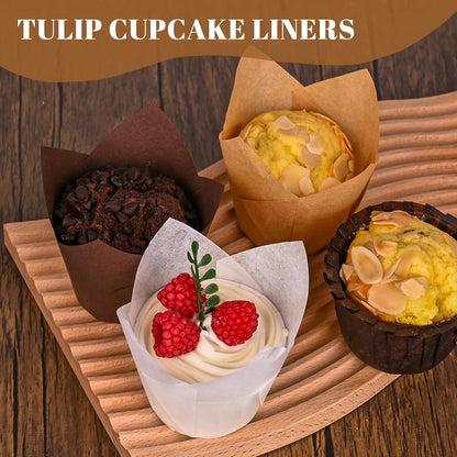 120 Counts Natural Tulip Cupcake Liners for Baking Cups, Food Grade Parchment Paper Muffin Liners Holders, Standard Tulip Cupcake Liners, Greaseproof Cup Cake Wrappers for Party, Christmas
