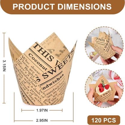 120 Counts Natural Tulip Cupcake Liners for Baking Cups, Food Grade Parchment Paper Muffin Liners Holders, Standard Tulip Cupcake Liners, Greaseproof Cup Cake Wrappers for Party, Christmas