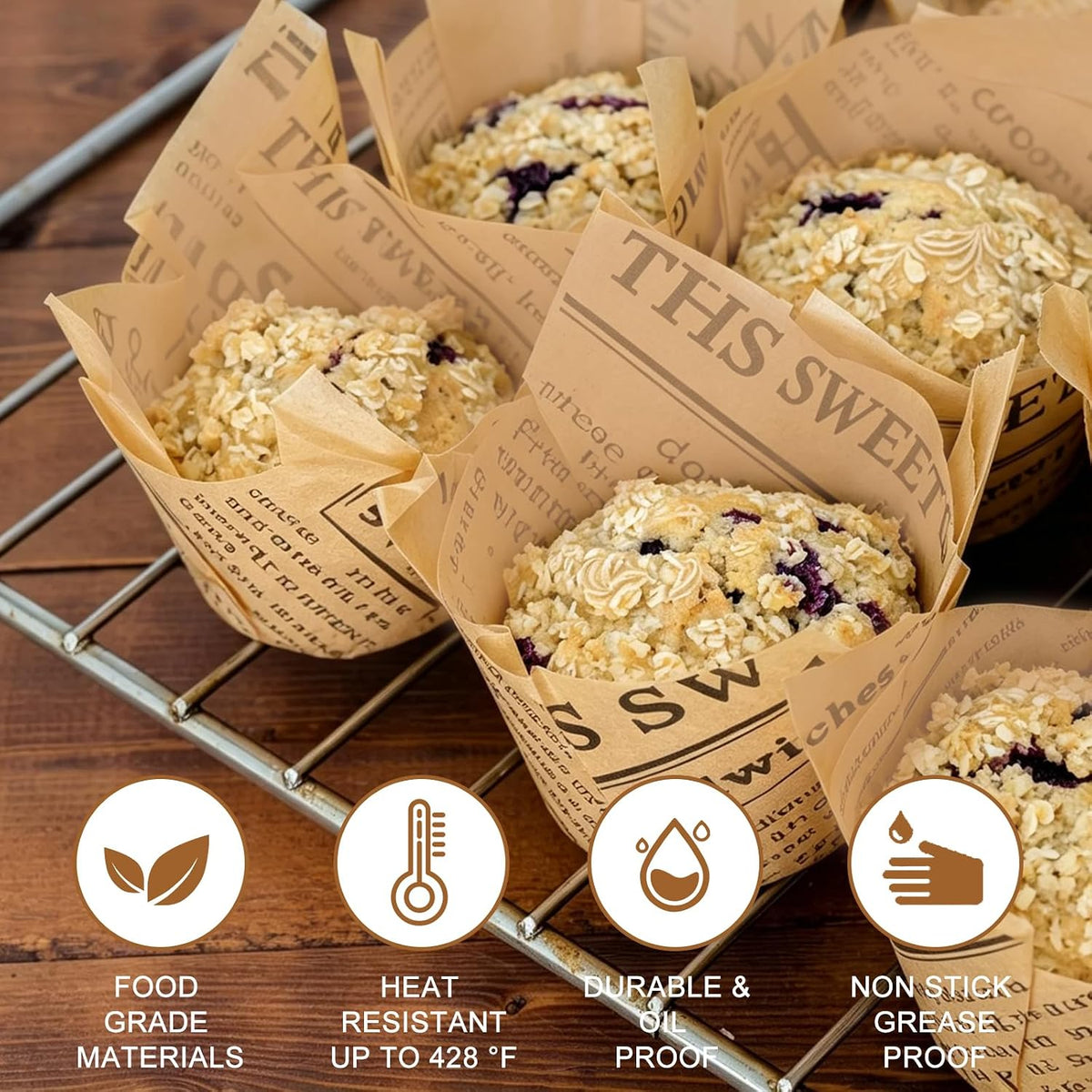 120 Counts Natural Tulip Cupcake Liners for Baking Cups, Food Grade Parchment Paper Muffin Liners Holders, Standard Tulip Cupcake Liners, Greaseproof Cup Cake Wrappers for Party, Christmas
