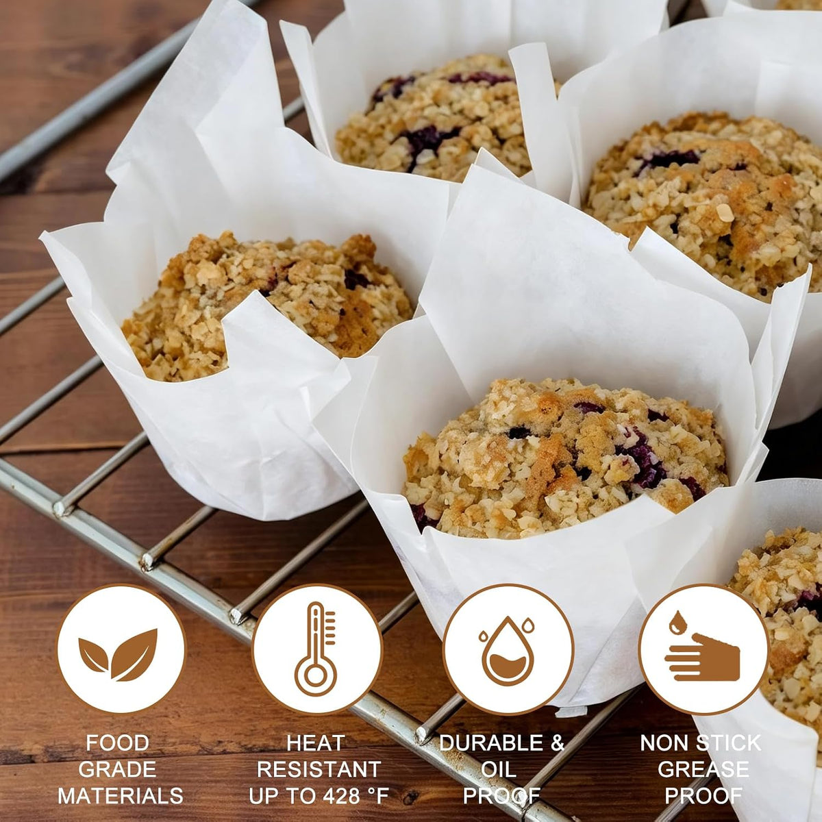 120 Counts Natural Tulip Cupcake Liners for Baking Cups, Food Grade Parchment Paper Muffin Liners Holders, Standard Tulip Cupcake Liners, Greaseproof Cup Cake Wrappers for Party, Christmas