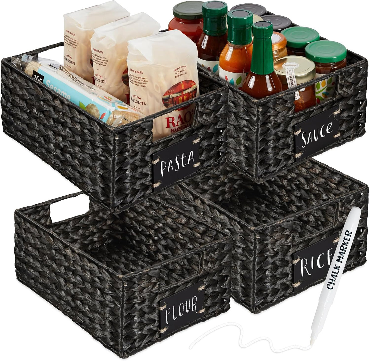 Best Choice Products Set of 4 16x12in Large Water Hyacinth Pantry Baskets, Woven Organizers w/Chalkboard Label, Chalk Marker - Natural