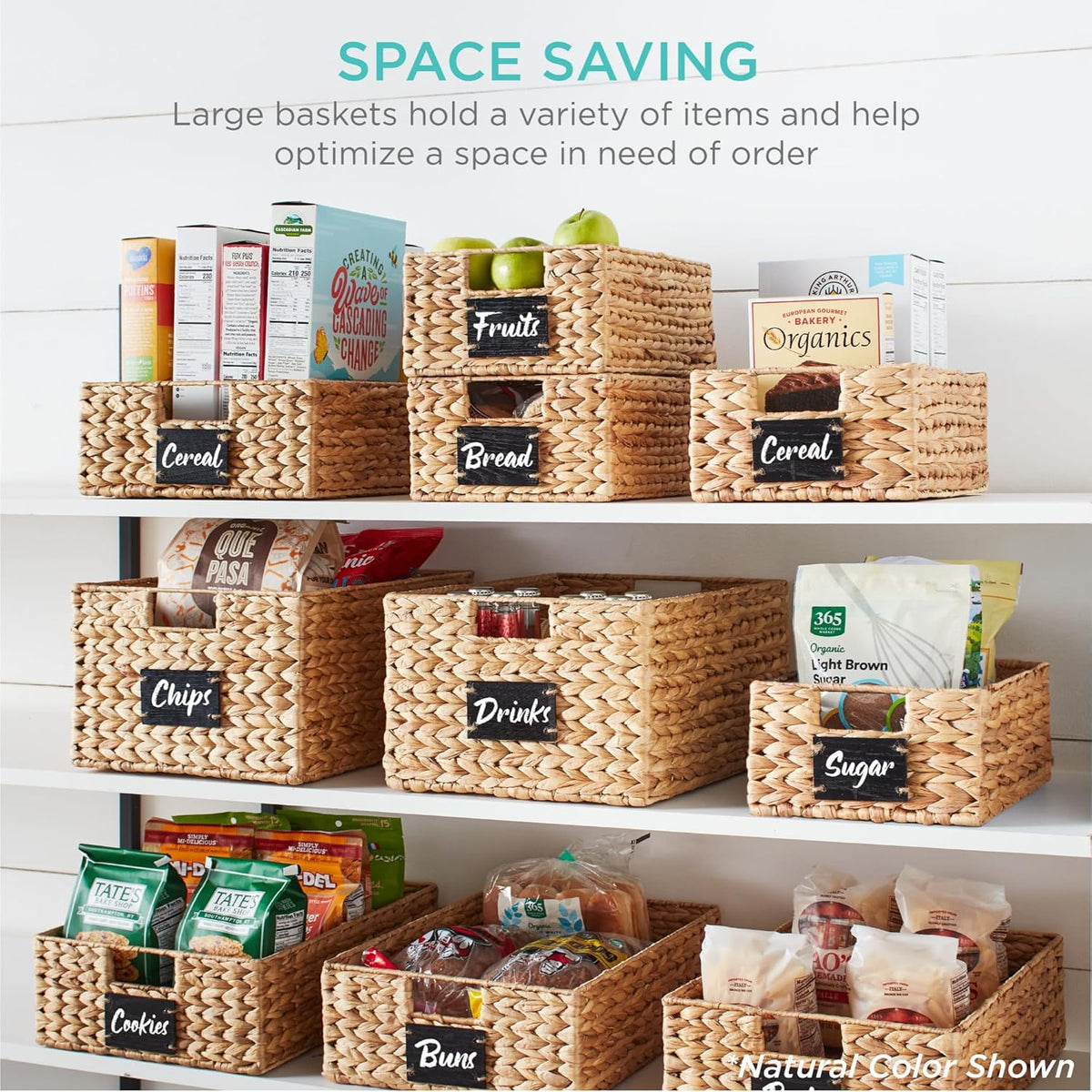Best Choice Products Set of 4 16x12in Large Water Hyacinth Pantry Baskets, Woven Organizers w/Chalkboard Label, Chalk Marker - Natural