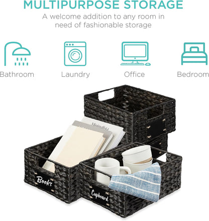 Best Choice Products Set of 4 16x12in Large Water Hyacinth Pantry Baskets, Woven Organizers w/Chalkboard Label, Chalk Marker - Natural
