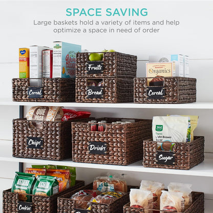 Best Choice Products Set of 4 16x12in Large Water Hyacinth Pantry Baskets, Woven Organizers w/Chalkboard Label, Chalk Marker - Natural
