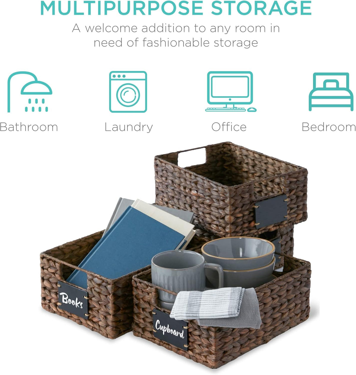 Best Choice Products Set of 4 16x12in Large Water Hyacinth Pantry Baskets, Woven Organizers w/Chalkboard Label, Chalk Marker - Natural