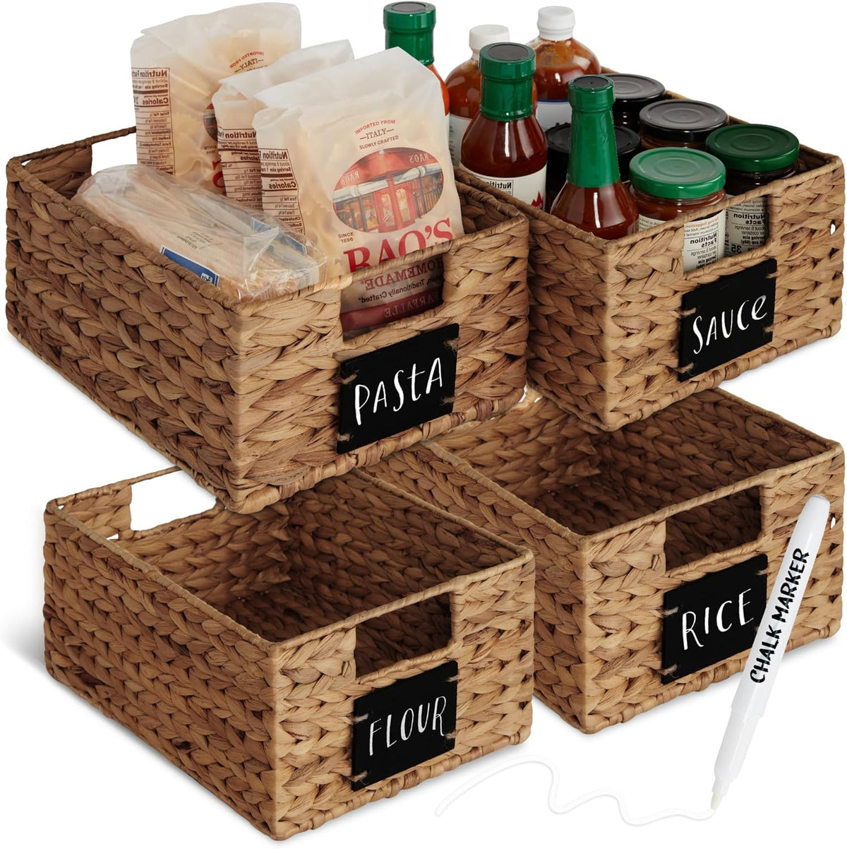 Best Choice Products Set of 4 16x12in Large Water Hyacinth Pantry Baskets, Woven Organizers w/Chalkboard Label, Chalk Marker - Natural