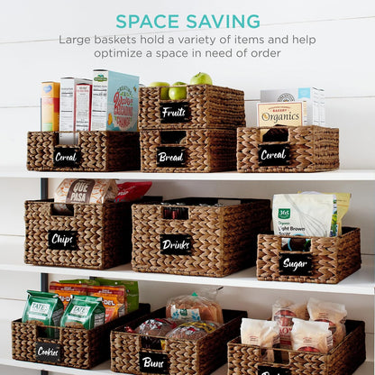 Best Choice Products Set of 4 16x12in Large Water Hyacinth Pantry Baskets, Woven Organizers w/Chalkboard Label, Chalk Marker - Natural