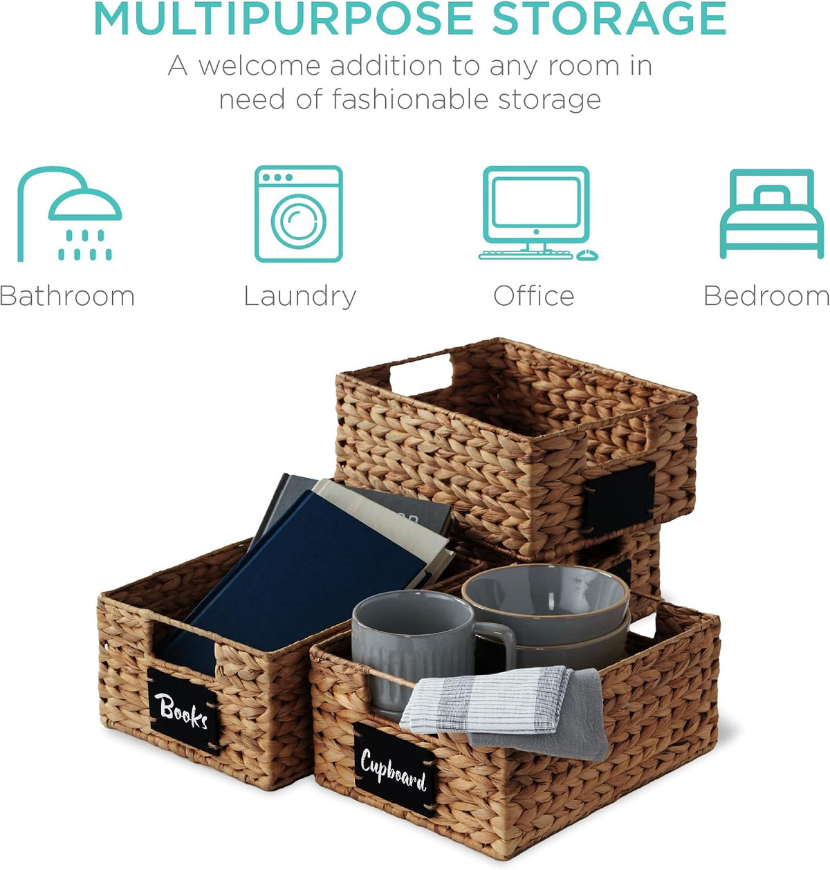 Best Choice Products Set of 4 16x12in Large Water Hyacinth Pantry Baskets, Woven Organizers w/Chalkboard Label, Chalk Marker - Natural