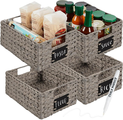 Best Choice Products Set of 4 16x12in Large Water Hyacinth Pantry Baskets, Woven Organizers w/Chalkboard Label, Chalk Marker - Natural