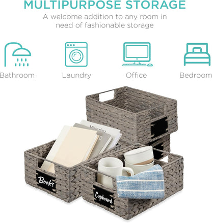 Best Choice Products Set of 4 16x12in Large Water Hyacinth Pantry Baskets, Woven Organizers w/Chalkboard Label, Chalk Marker - Natural