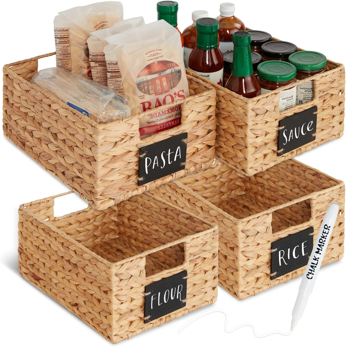 Best Choice Products Set of 4 16x12in Large Water Hyacinth Pantry Baskets, Woven Organizers w/Chalkboard Label, Chalk Marker - Natural