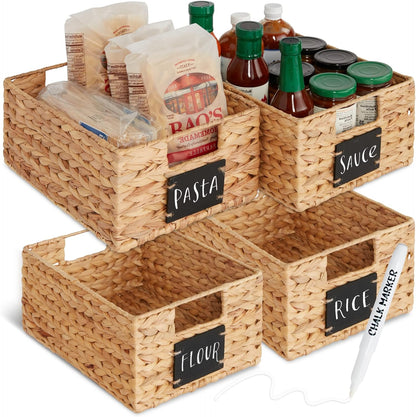 Best Choice Products Set of 4 16x12in Large Water Hyacinth Pantry Baskets, Woven Organizers w/Chalkboard Label, Chalk Marker - Natural