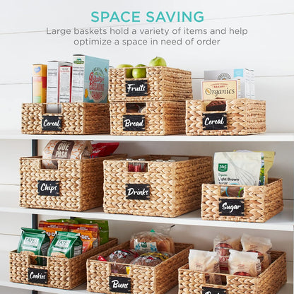 Best Choice Products Set of 4 16x12in Large Water Hyacinth Pantry Baskets, Woven Organizers w/Chalkboard Label, Chalk Marker - Natural