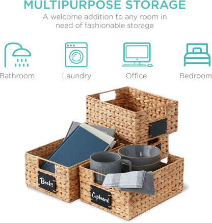 Best Choice Products Set of 4 16x12in Large Water Hyacinth Pantry Baskets, Woven Organizers w/Chalkboard Label, Chalk Marker - Natural