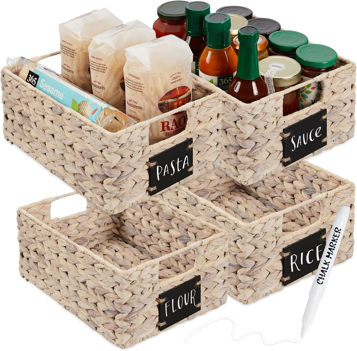 Best Choice Products Set of 4 16x12in Large Water Hyacinth Pantry Baskets, Woven Organizers w/Chalkboard Label, Chalk Marker - Natural