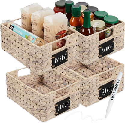 Best Choice Products Set of 4 16x12in Large Water Hyacinth Pantry Baskets, Woven Organizers w/Chalkboard Label, Chalk Marker - Natural