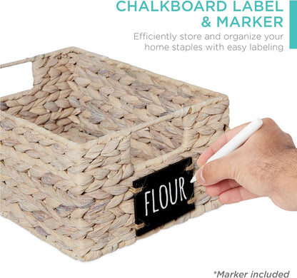Best Choice Products Set of 4 16x12in Large Water Hyacinth Pantry Baskets, Woven Organizers w/Chalkboard Label, Chalk Marker - Natural