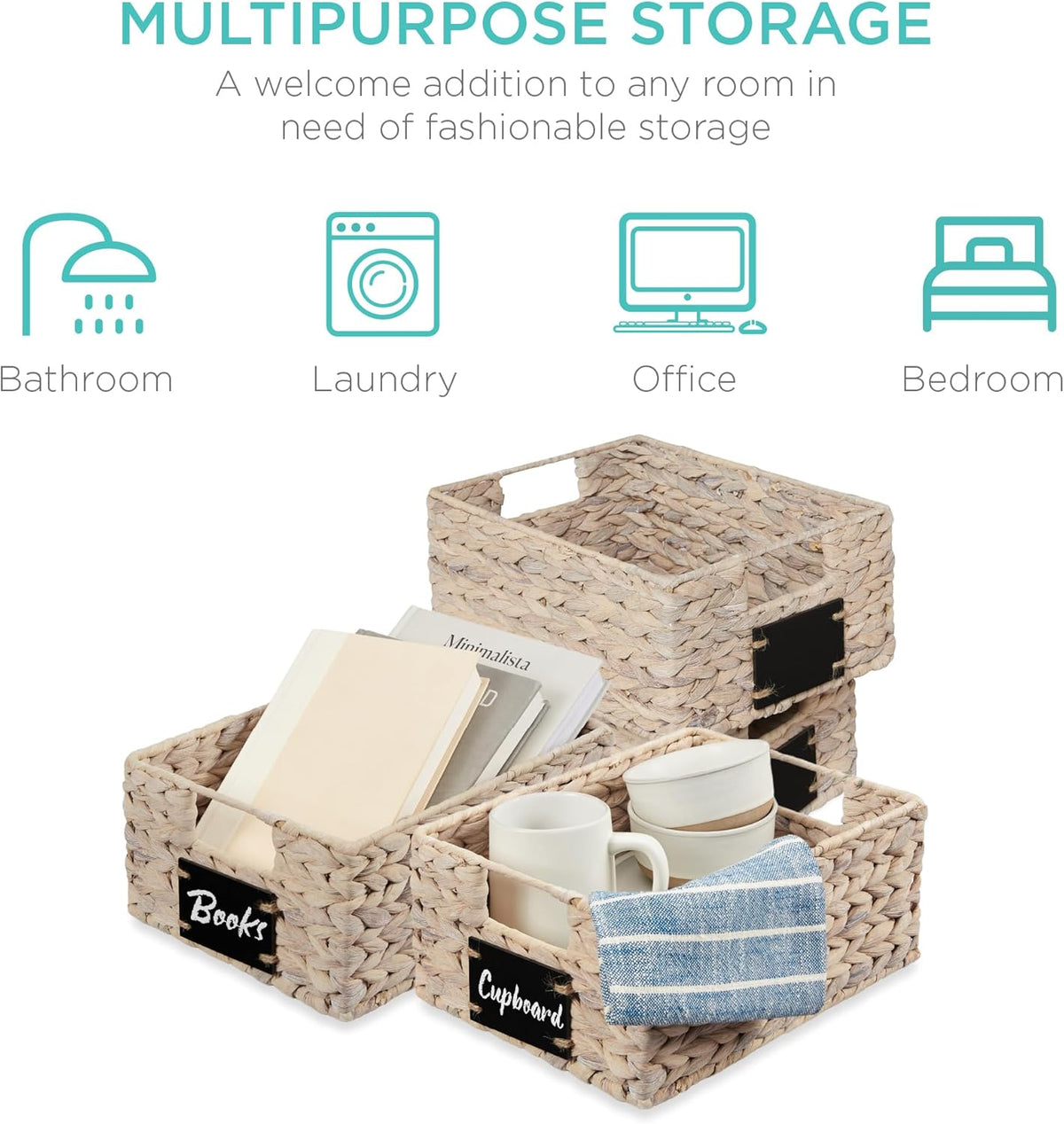 Best Choice Products Set of 4 16x12in Large Water Hyacinth Pantry Baskets, Woven Organizers w/Chalkboard Label, Chalk Marker - Natural