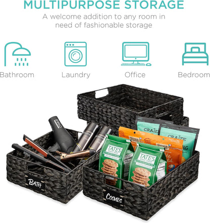 Best Choice Products Set of 4 16x12in Large Water Hyacinth Pantry Baskets, Woven Organizers w/Chalkboard Label, Chalk Marker - Natural