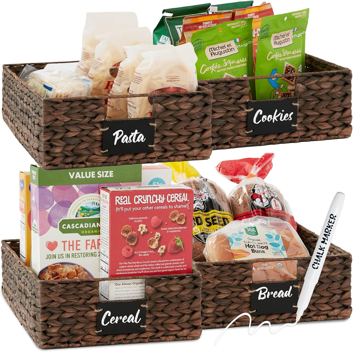 Best Choice Products Set of 4 16x12in Large Water Hyacinth Pantry Baskets, Woven Organizers w/Chalkboard Label, Chalk Marker - Natural