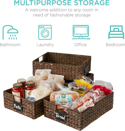 Best Choice Products Set of 4 16x12in Large Water Hyacinth Pantry Baskets, Woven Organizers w/Chalkboard Label, Chalk Marker - Natural