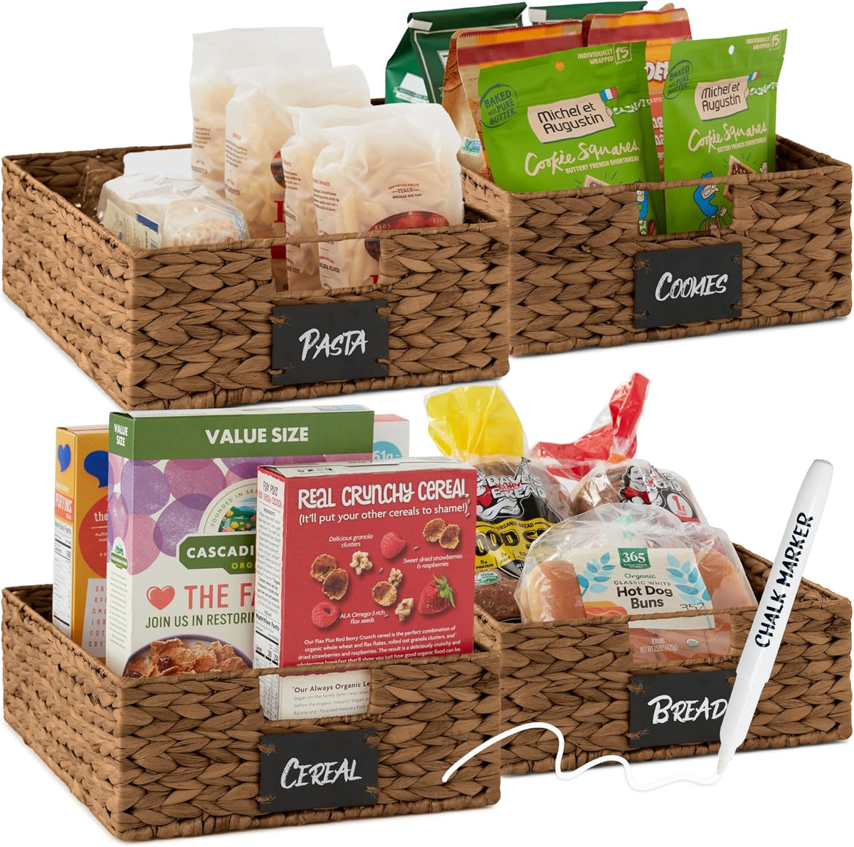 Best Choice Products Set of 4 16x12in Large Water Hyacinth Pantry Baskets, Woven Organizers w/Chalkboard Label, Chalk Marker - Natural