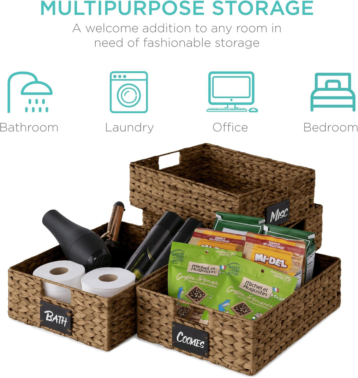 Best Choice Products Set of 4 16x12in Large Water Hyacinth Pantry Baskets, Woven Organizers w/Chalkboard Label, Chalk Marker - Natural