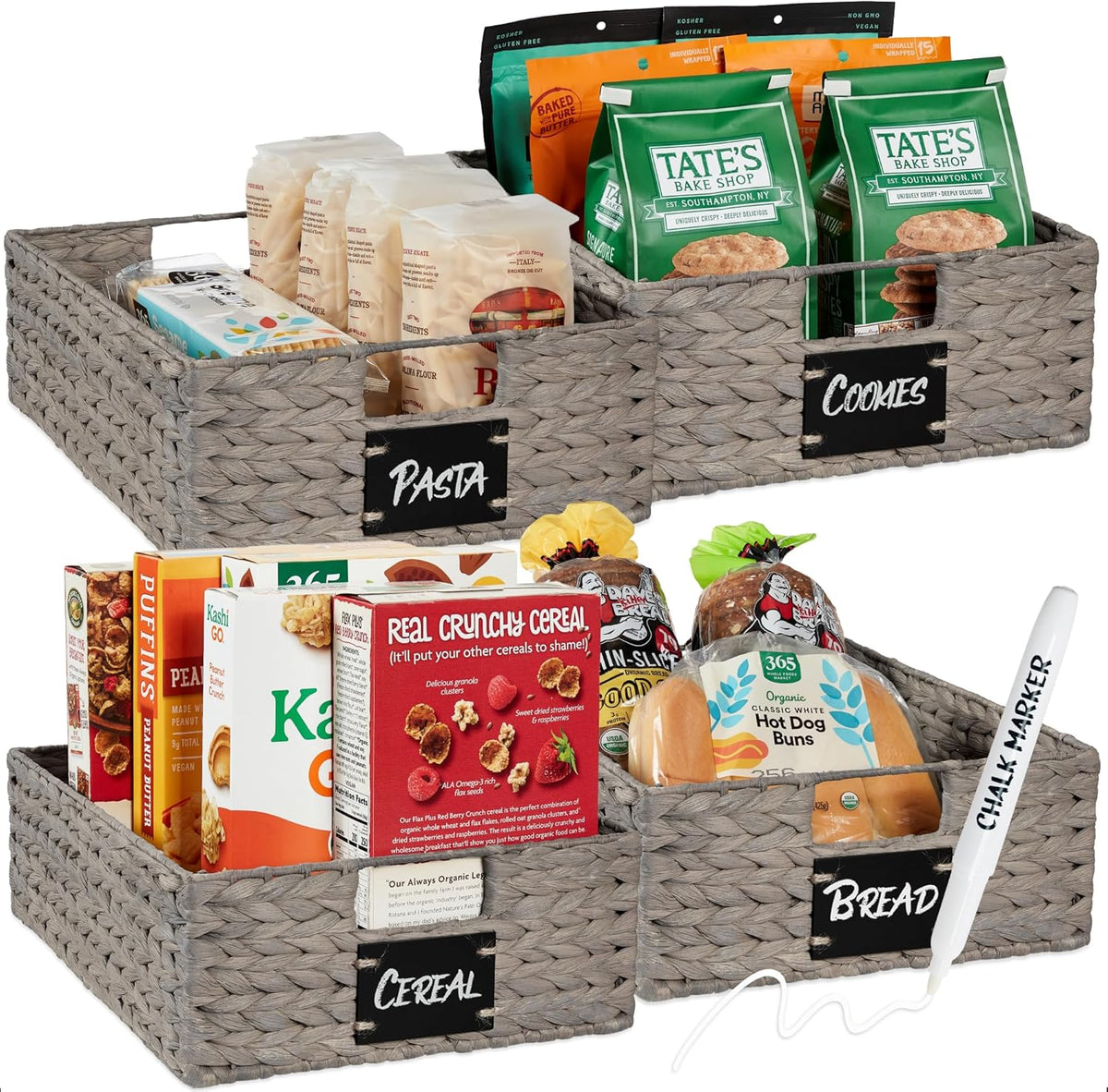Best Choice Products Set of 4 16x12in Large Water Hyacinth Pantry Baskets, Woven Organizers w/Chalkboard Label, Chalk Marker - Natural