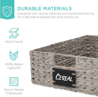Best Choice Products Set of 4 16x12in Large Water Hyacinth Pantry Baskets, Woven Organizers w/Chalkboard Label, Chalk Marker - Natural
