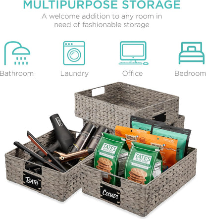 Best Choice Products Set of 4 16x12in Large Water Hyacinth Pantry Baskets, Woven Organizers w/Chalkboard Label, Chalk Marker - Natural